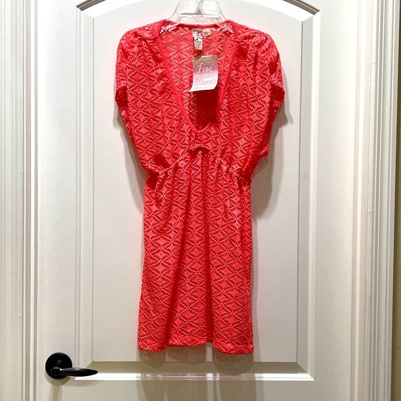 NEW Miken Small Bright Coral Open Woven Knit Swim Cover Dress NWT - Picture 1 of 6